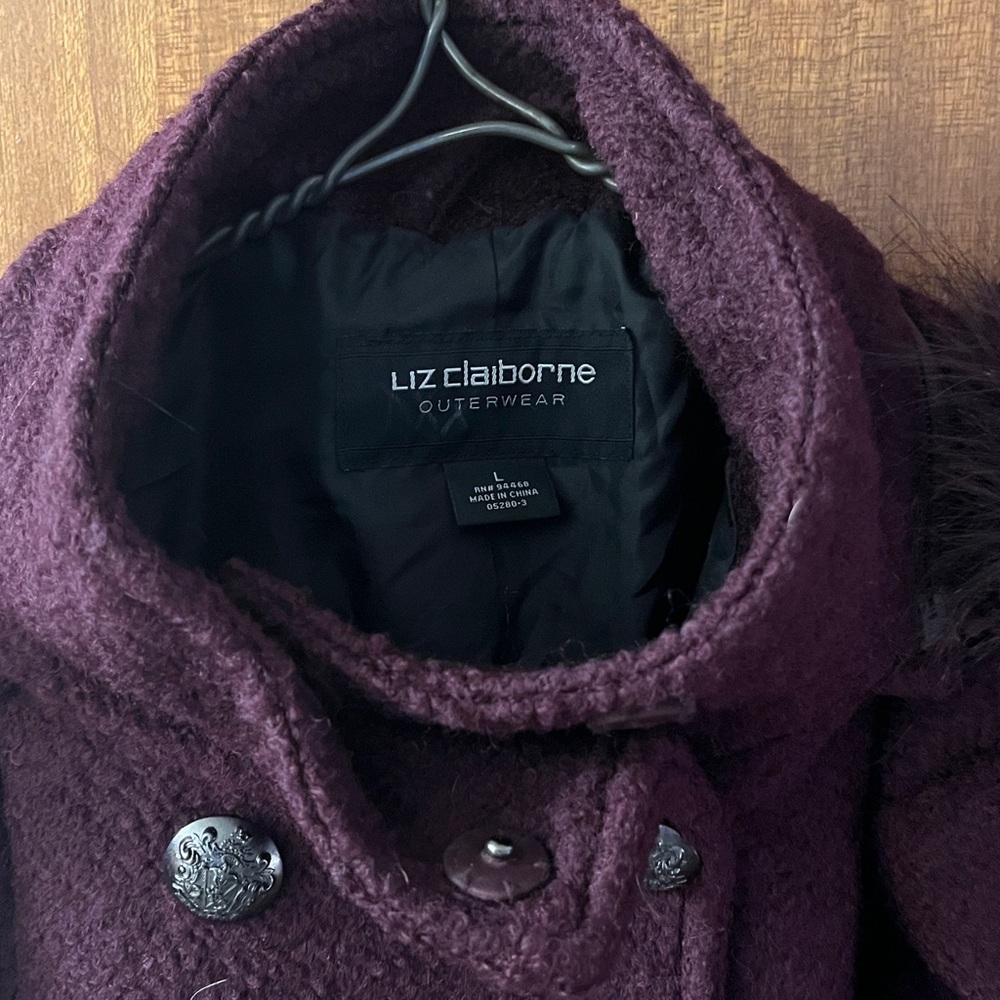 Liz Claiborne Double-Breasted Plum Coat with Fur Trimmed [zip-off] Hood - Picture 5 of 11